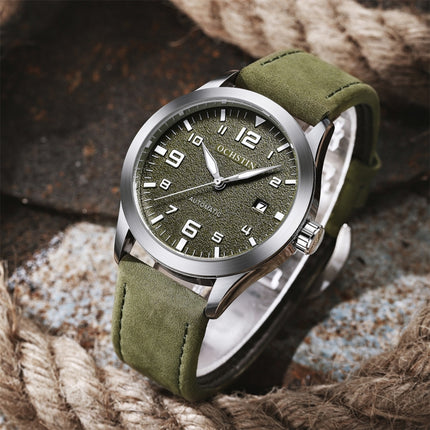 Ochstin 62028 Fashion Fully Automatic Mechanical Watch Waterproof Men Leisure Mechanical Watch Calendar Leather Watch(Green)-garmade.com