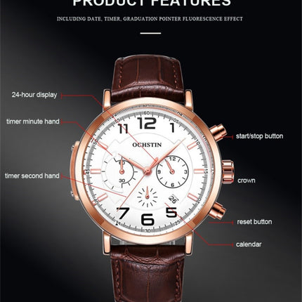 Ochstin 6105 Multi Function Watch Business Leisure Men Watch Waterproof Timing Quartz Watch Belt Watch(Rose Gold Black)-garmade.com