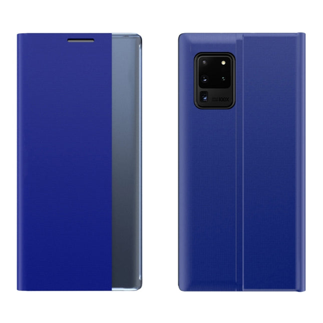For Galaxy S20 Ultra Side Display Magnetic Horizontal Flip Plain Texture Cloth + PC Case with Holder & Sleep / Wake-up Function(Blue)-garmade.com