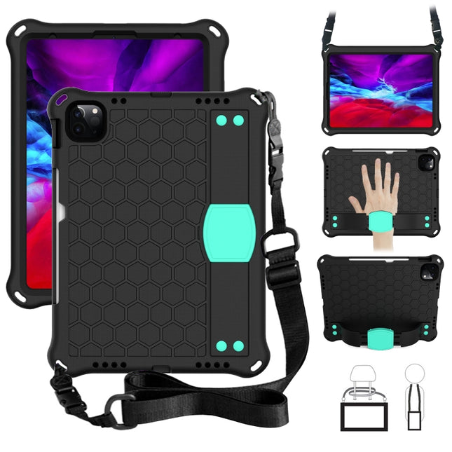 For iPad Pro 11 2020 Honeycomb Design EVA + PC Four Corner Anti Falling Flat Protective Shell With Straps(Black+Aqua)-garmade.com