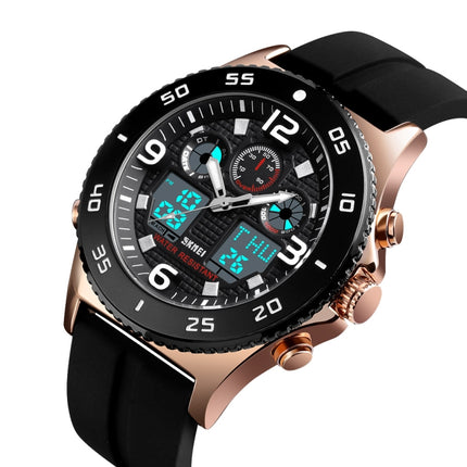 SKMEI 1538 Multi-Function Time Large Dial Steel Belt Men Casual Sports Electronic Watch(Rose Gold-Silicone Belt)-garmade.com