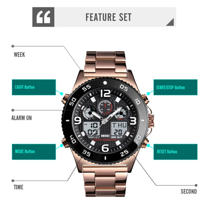 SKMEI 1538 Multi-Function Time Large Dial Steel Belt Men Casual Sports Electronic Watch(Rose Gold-Silicone Belt)-garmade.com