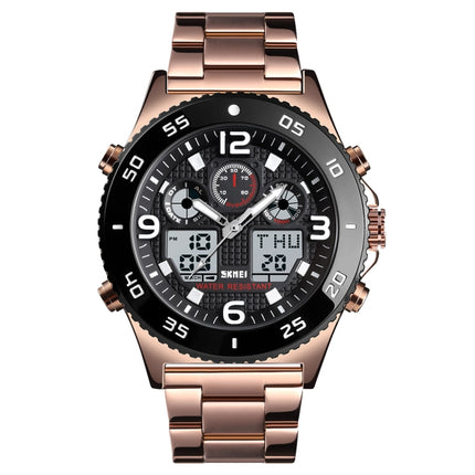 SKMEI 1538 Multi-Function Time Large Dial Steel Belt Men Casual Sports Electronic Watch(Rose Gold-Steel Belt)-garmade.com