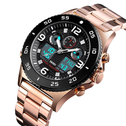 SKMEI 1538 Multi-Function Time Large Dial Steel Belt Men Casual Sports Electronic Watch(Rose Gold-Steel Belt)-garmade.com