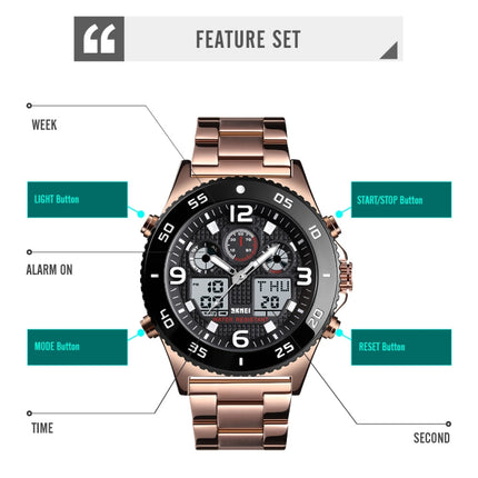 SKMEI 1538 Multi-Function Time Large Dial Steel Belt Men Casual Sports Electronic Watch(Rose Gold-Steel Belt)-garmade.com