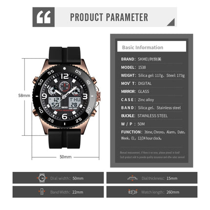 SKMEI 1538 Multi-Function Time Large Dial Steel Belt Men Casual Sports Electronic Watch(Rose Gold-Steel Belt)-garmade.com