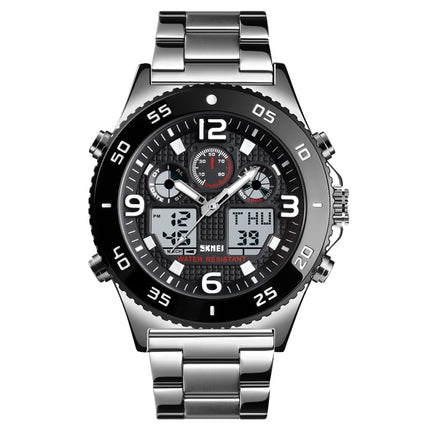 SKMEI 1538 Multi-Function Time Large Dial Steel Belt Men Casual Sports Electronic Watch(Silver-Steel Belt)-garmade.com