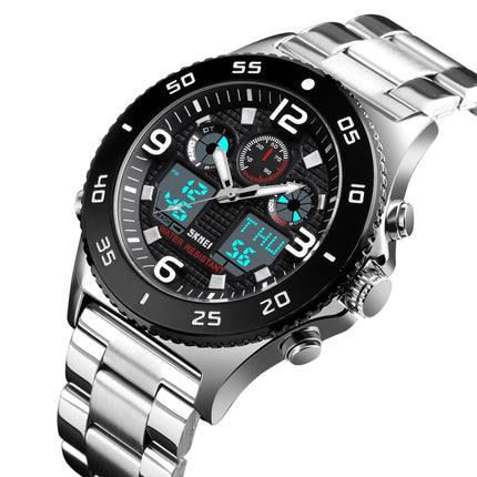 SKMEI 1538 Multi-Function Time Large Dial Steel Belt Men Casual Sports Electronic Watch(Silver-Steel Belt)-garmade.com