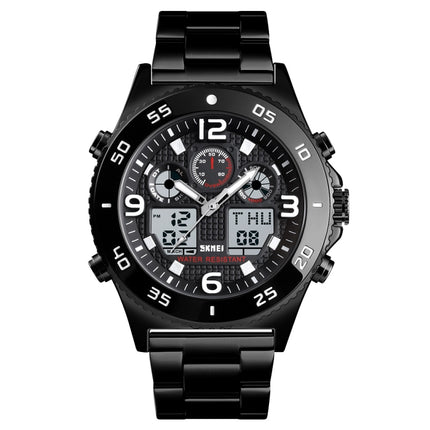 SKMEI 1538 Multi-Function Time Large Dial Steel Belt Men Casual Sports Electronic Watch(Black-Steel Belt)-garmade.com