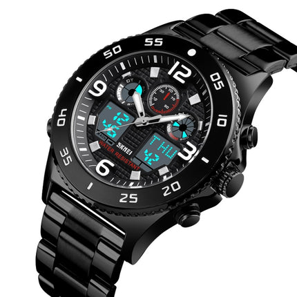 SKMEI 1538 Multi-Function Time Large Dial Steel Belt Men Casual Sports Electronic Watch(Black-Steel Belt)-garmade.com