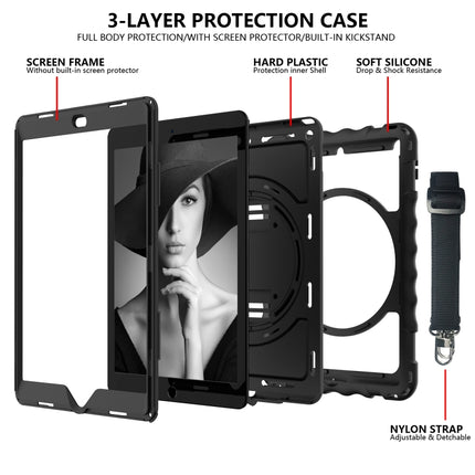 For iPad 10.2 360 Degree Rotating Case with Pencil Holder, Kickstand Shockproof Heavy Duty with Shoulder Strap,Hand Strap(Black)-garmade.com