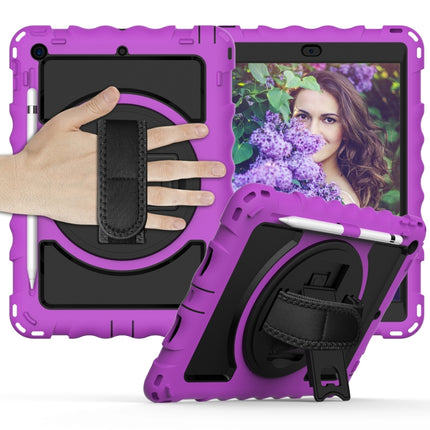 For iPad 10.2 360 Degree Rotating Case with Pencil Holder, Kickstand Shockproof Heavy Duty with Shoulder Strap,Hand Strap(Purple)-garmade.com