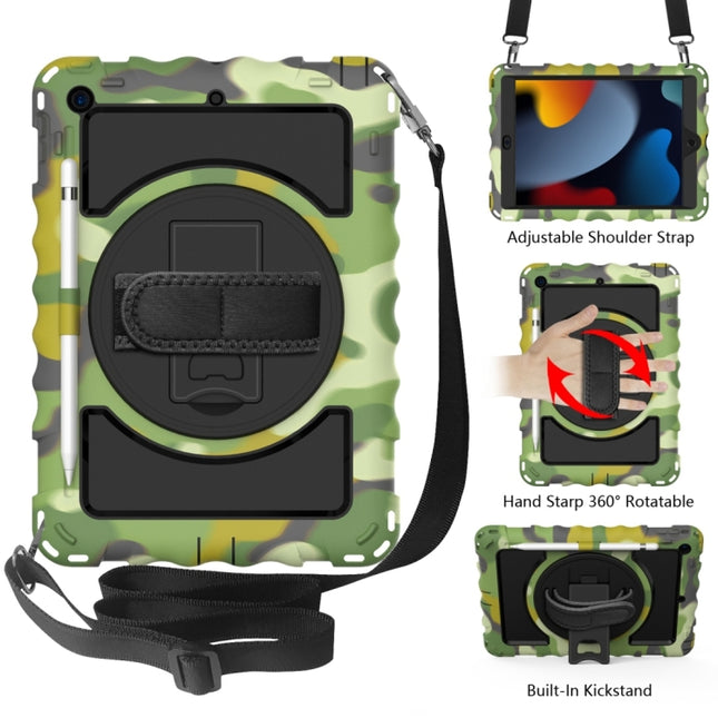 For iPad 10.2 360 Degree Rotating Case with Pencil Holder, Kickstand Shockproof Heavy Duty with Shoulder Strap,Hand Strap(Camouflage)-garmade.com