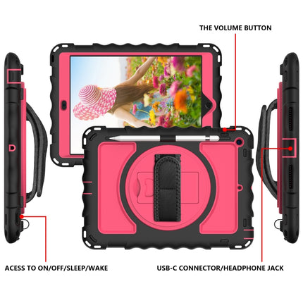 For iPad 10.2 360 Degree Rotating Case with Pencil Holder, Kickstand Shockproof Heavy Duty with Shoulder Strap,Hand Strap(Black+Hot Pink)-garmade.com