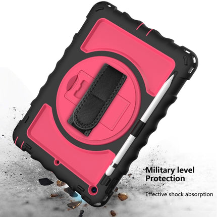 For iPad 10.2 360 Degree Rotating Case with Pencil Holder, Kickstand Shockproof Heavy Duty with Shoulder Strap,Hand Strap(Black+Hot Pink)-garmade.com