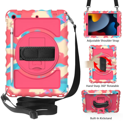For iPad 10.2 360 Degree Rotating Case with Pencil Holder, Kickstand Shockproof Heavy Duty with Shoulder Strap,Hand Strap(Colorful+Hot Pink)-garmade.com