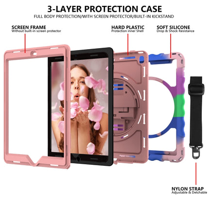 For iPad 9.7 (2018) & (2017) 360 Degree Rotation PC + Silicone Shockproof Combination Case with Holder & Hand Grip Strap & Neck Strap(Colorful+Rose Gold)-garmade.com