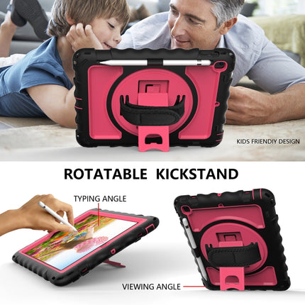 For iPad 9.7 (2018) & (2017) 360 Degree Rotation PC + Silicone Shockproof Combination Case with Holder & Hand Grip Strap & Neck Strap(Black+Hot Pink)-garmade.com
