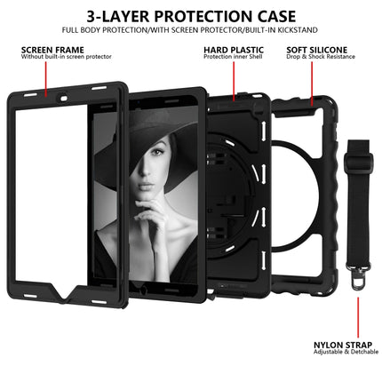 For iPad 9.7 (2018) & (2017) 360 Degree Rotation PC + Silicone Shockproof Combination Case with Holder & Hand Grip Strap & Neck Strap(Black)-garmade.com