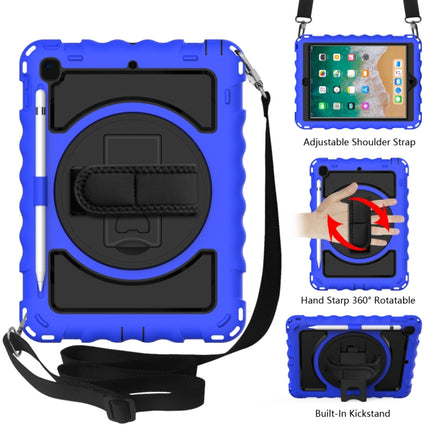 For iPad 9.7 (2018) & (2017) 360 Degree Rotation PC + Silicone Shockproof Combination Case with Holder & Hand Grip Strap & Neck Strap(Blue)-garmade.com