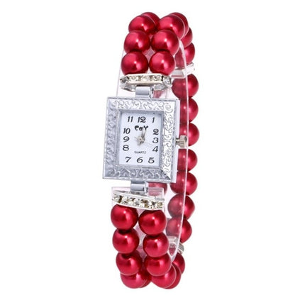 Square Dial Diamond Pearl Bracelet Watch(Red)-garmade.com