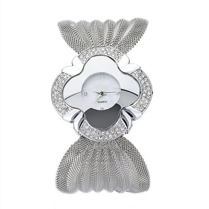 2 PCS Flower Shape Mirror Dial Diamond Grid Strap Quartz Watch for Women(Silver)-garmade.com