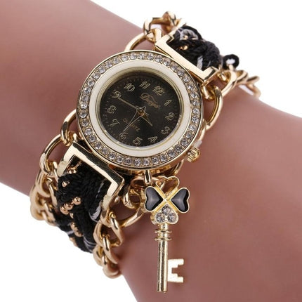 Women Round Dial Diamond Braided Hand Strap Quartz Watch with Key Pendant(Black)-garmade.com