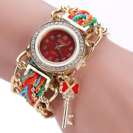 Women Round Dial Diamond Braided Hand Strap Quartz Watch with Key Pendant(red)-garmade.com