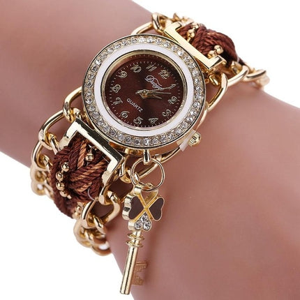Women Round Dial Diamond Braided Hand Strap Quartz Watch with Key Pendant(Brown)-garmade.com