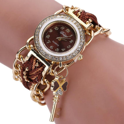 Women Round Dial Diamond Braided Hand Strap Quartz Watch with Key Pendant(Brown)-garmade.com