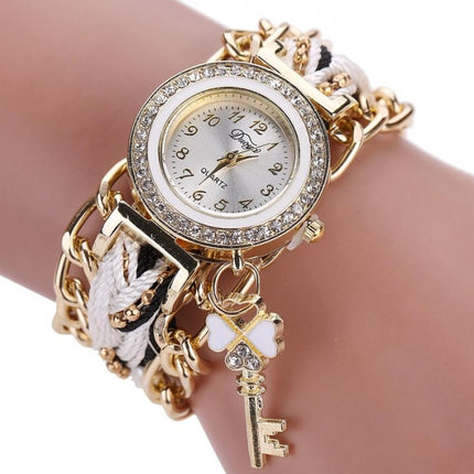 Women Round Dial Diamond Braided Hand Strap Quartz Watch with Key Pendant(White)-garmade.com