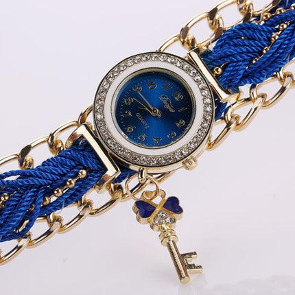 Women Round Dial Diamond Braided Hand Strap Quartz Watch with Key Pendant(White)-garmade.com