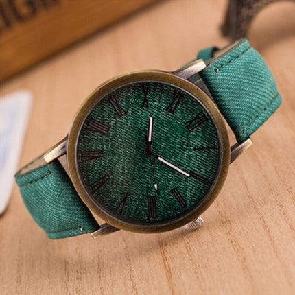 Denim Design Leather Strap Quartz Watches for Women(Green)-garmade.com