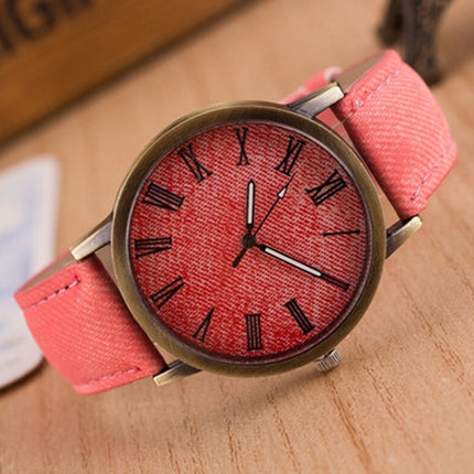 Denim Design Leather Strap Quartz Watches for Women(Red)-garmade.com