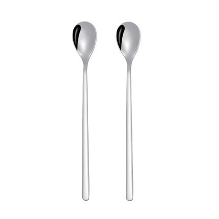 2 PCS Stainless Steel Spoon Creative Coffee Spoon Bar Ice Spoon Gold Plated Long Stirring Spoon, Style:Round Spoon, Color:Silver-garmade.com