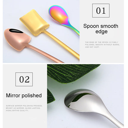 2 PCS Stainless Steel Spoon Creative Coffee Spoon Bar Ice Spoon Gold Plated Long Stirring Spoon, Style:Square Spoon, Color:Silver-garmade.com