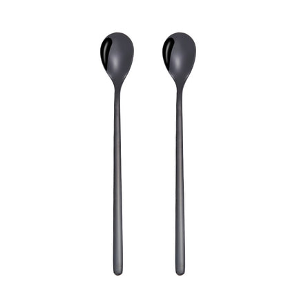 2 PCS Stainless Steel Spoon Creative Coffee Spoon Bar Ice Spoon Gold Plated Long Stirring Spoon, Style:Round Spoon, Color:Black-garmade.com