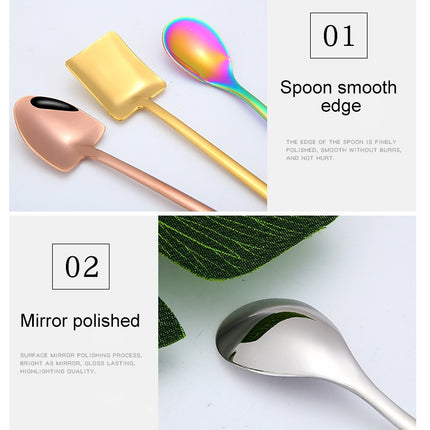 2 PCS Stainless Steel Spoon Creative Coffee Spoon Bar Ice Spoon Gold Plated Long Stirring Spoon, Style:Round Spoon, Color:Black-garmade.com