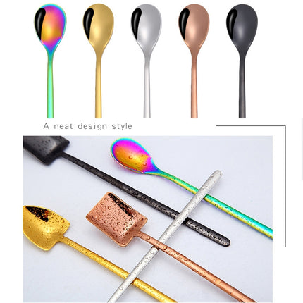 2 PCS Stainless Steel Spoon Creative Coffee Spoon Bar Ice Spoon Gold Plated Long Stirring Spoon, Style:Square Spoon, Color:Black-garmade.com