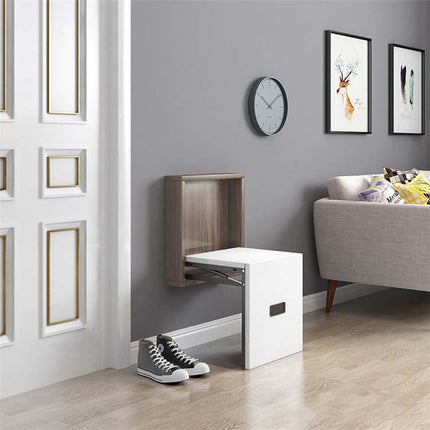 Simple Wooden Folding Wall-mounted Home Footstool Aisle Invisible Shoe Stool(Walnut Cabinet + Warm White Panel)-garmade.com