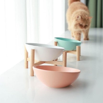 18cm/600ml Cat Dog Food Bowl Pet Ceramic Bowl, Style:Bowl With Wooden Stand(White)-garmade.com