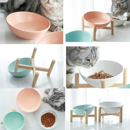 18cm/600ml Cat Dog Food Bowl Pet Ceramic Bowl, Style:Bowl With Wooden Stand(White)-garmade.com