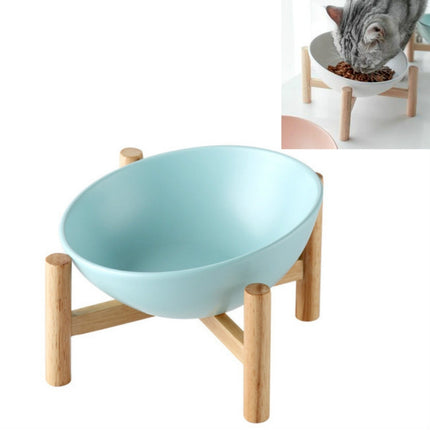 18cm/600ml Cat Dog Food Bowl Pet Ceramic Bowl, Style:Bowl With Wooden Stand(Blue)-garmade.com