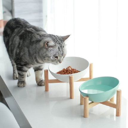 18cm/600ml Cat Dog Food Bowl Pet Ceramic Bowl, Style:Bowl With Wooden Stand(Blue)-garmade.com