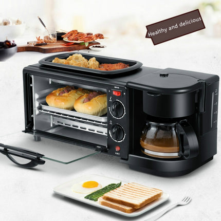 3 in 1 Electric Breakfast Machine Multifunction Coffee Maker + Frying Pan + Mini Oven Household Bread Pizza Oven(Black)-garmade.com
