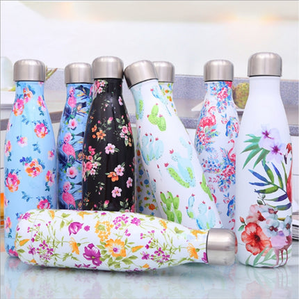 Animals Plants Pattern Thermal Cup Vacuum Flask Heat Water Bottle Portable Stainless Steel Sports Kettle, Capacity:500ml(Black Flower)-garmade.com