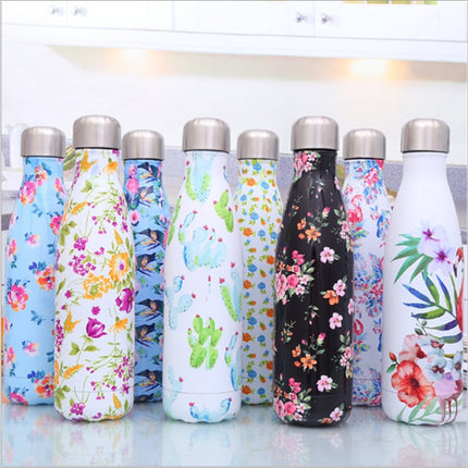 Animals Plants Pattern Thermal Cup Vacuum Flask Heat Water Bottle Portable Stainless Steel Sports Kettle, Capacity:500ml(Black Flower)-garmade.com