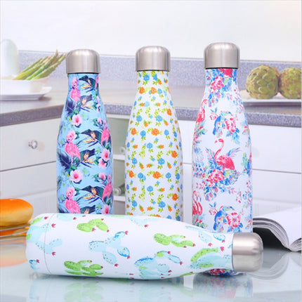 Animals Plants Pattern Thermal Cup Vacuum Flask Heat Water Bottle Portable Stainless Steel Sports Kettle, Capacity:500ml(Black Flower)-garmade.com