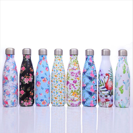 Animals Plants Pattern Thermal Cup Vacuum Flask Heat Water Bottle Portable Stainless Steel Sports Kettle, Capacity:500ml(Black Flower)-garmade.com