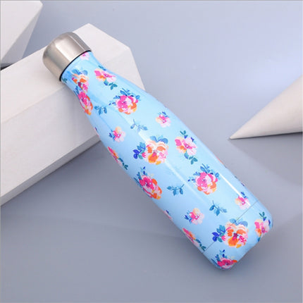 Animals Plants Pattern Thermal Cup Vacuum Flask Heat Water Bottle Portable Stainless Steel Sports Kettle, Capacity:500ml(Blue Flower)-garmade.com